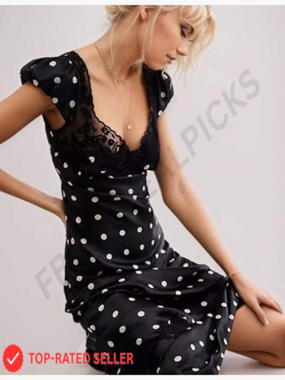 Women Polka Dot Maxi Dress Boho Lace Patchwork A-Line V-Neck Cap Sleeve - Picture 5 of 7